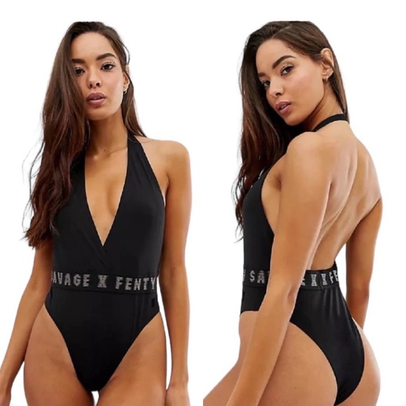 Savage X Fenty Tops - Savage X Fenty Rose Gold Logo Halter Plunge Bodysuit Black Caviar Size M